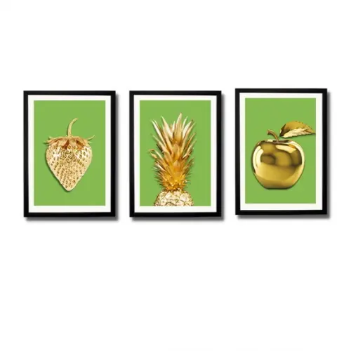 Kit Quadros Cozinha Frutas Douradas Fundo Verde 23x33cm