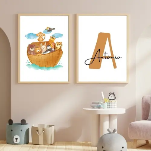 Kit Quadros Decoração Arca de Noé Moldura com Vidro 33x43 cm