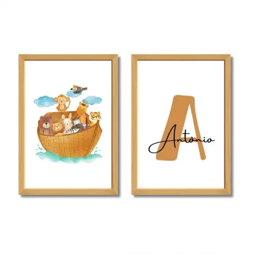 Kit Quadros Decoração Arca de Noé Moldura com Vidro 33x43 cm