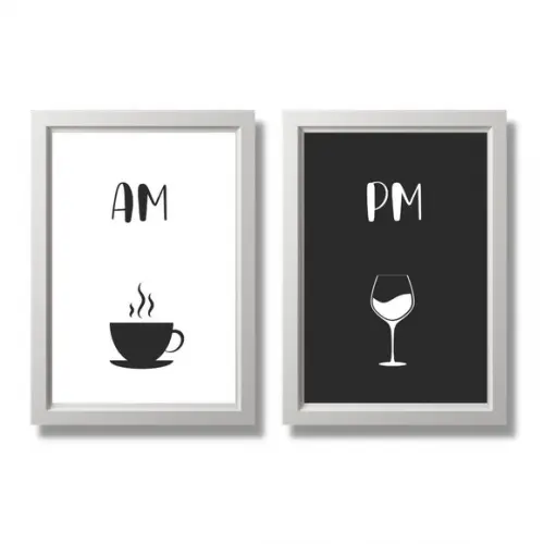 Kit Quadros Decorativos Am Pm com Moldura e Vidro 30x40
