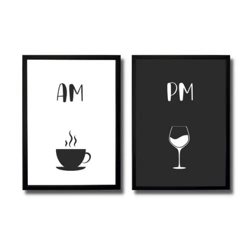 Kit Quadros Decorativos Am Pm com Moldura e Vidro 30x40