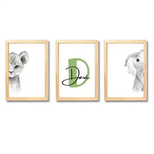 Kit Quadros Decorativos Tema Safari com Nome Davi 33x43 cm