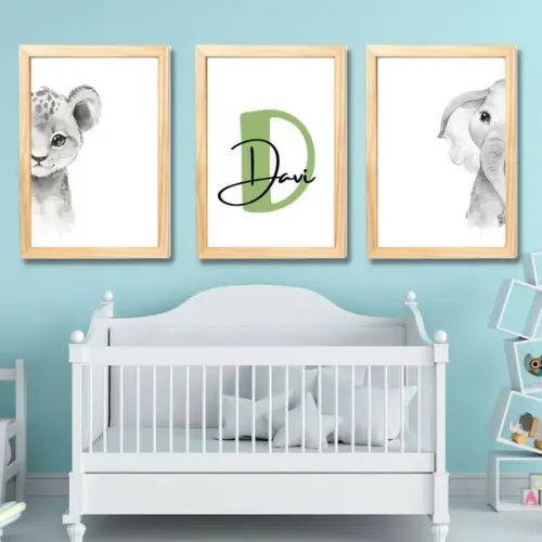 Kit Quadros Decorativos Tema Safari com Nome Davi 33x43 cm
