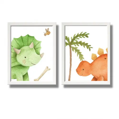 Kit Quadros Dino com Moldura Branca e Vidro 23x33cm