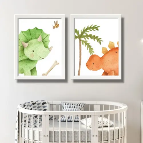 Kit Quadros Dino com Moldura Branca e Vidro 23x33cm