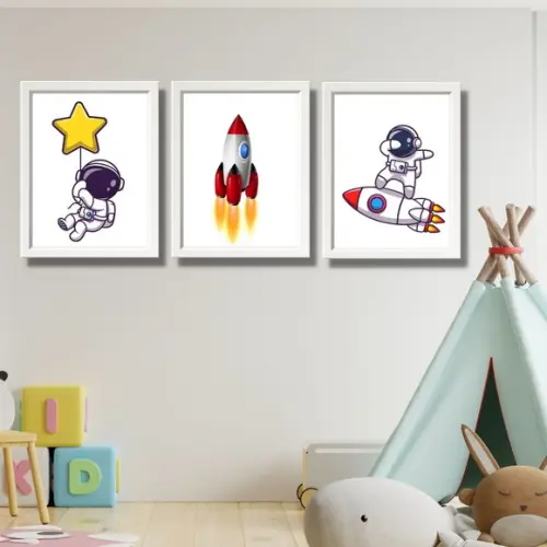 Kit Quadros Espaço Astronauta Foguete Quarto de Menino 20x30
