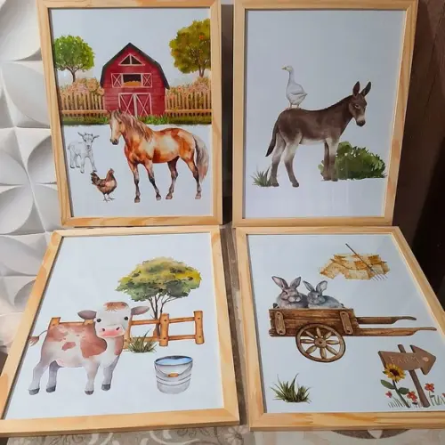 Kit Quadros Fazendinha Aquarela Vaquinha Moldura 33x43 cm