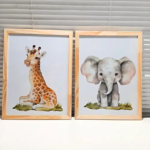Kit Quadros Girafa Elefante Aquarela Moldura com Vidro 33x43