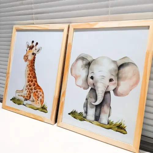Kit Quadros Girafa Elefante Aquarela Moldura com Vidro 33x43