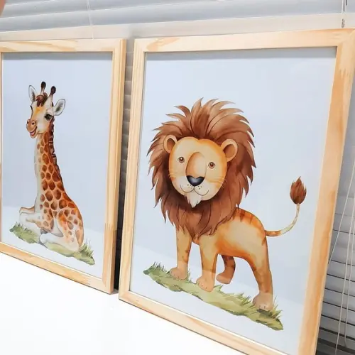 Kit Quadros Girafa Leão Aquarela Moldura com Vidro 33x43 cm