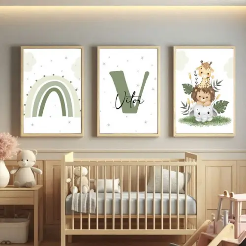 Kit Quadros Infantil Personalizado Nome do Bebê Safari Leão