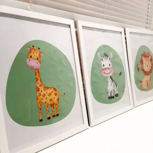 Kit Quadros Infantil Safari Fundo Verde Moldura/vidro 33x43