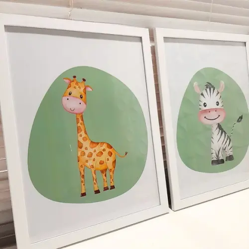 Kit Quadros Infantil Safari Fundo Verde Moldura/vidro 33x43