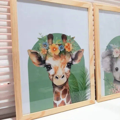 Kit Quadros Infantil Safari Flor na Cabeça Quarto de Menina