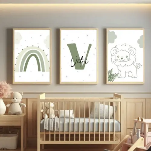 Kit Quadros Infantil Safari Personalizado Verde Oliva 33x43