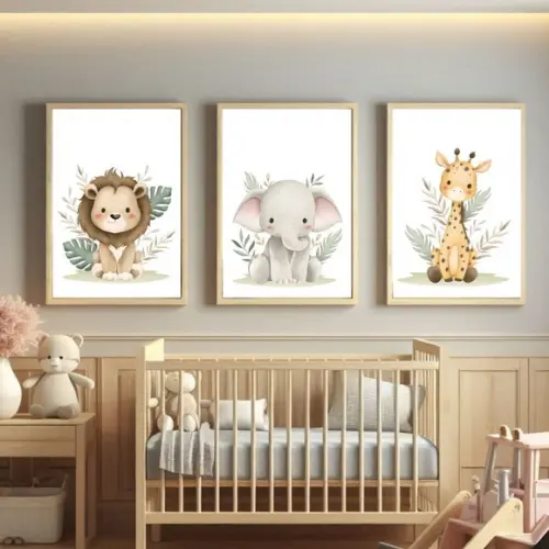 Kit Quadros Infantil Safari Leão Elefante Girafa com Vidro