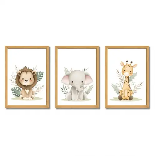 Kit Quadros Infantil Safari Leão Elefante Girafa com Vidro