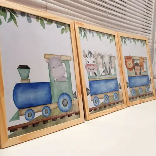 Kit Quadros Infantil Safari Trem Aquarela Elefante com Vidro