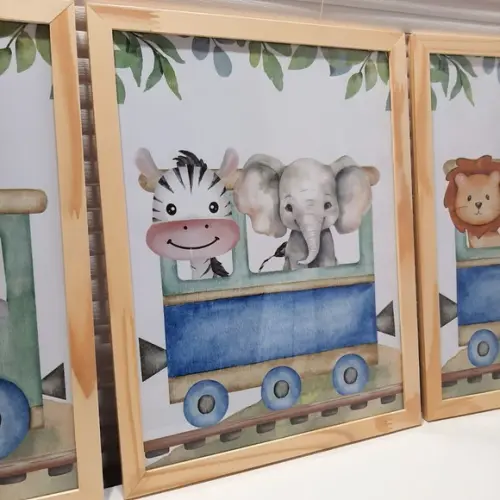 Kit Quadros Infantil Safari Trem Aquarela Elefante com Vidro