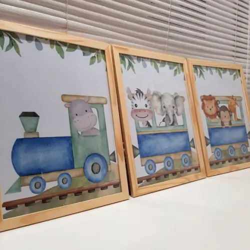 Kit Quadros Infantil Safari Trem Aquarela Elefante com Vidro