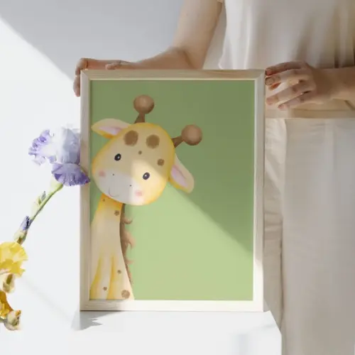 Kit Quadros Infantil Safari Verde Girafa Leão Urso com Vidro