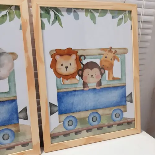 Kit Quadros Infantil Safari Trem Aquarela Elefante com Vidro