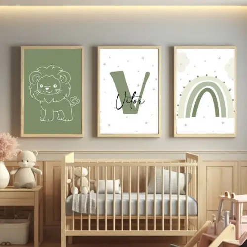 Kit Quadros Infantil Verde Oliva Safari Personalizado 33x43