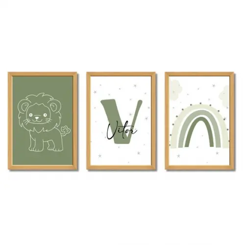 Kit Quadros Infantil Verde Oliva Personalizado Safari Leão