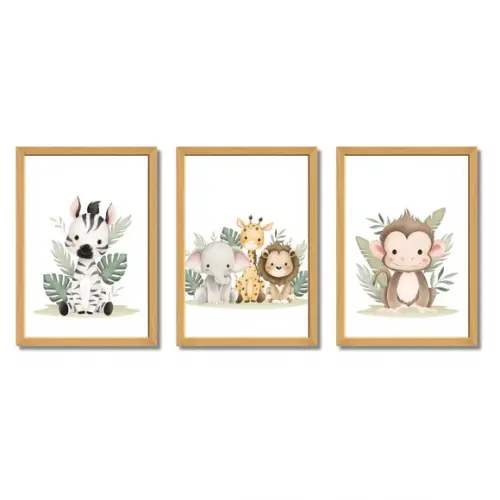 Kit Quadros Infantil Safari Zebra Macaco Girafa com Vidro