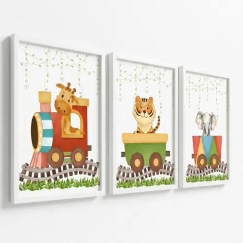 Kit Quadros Infantis Safari Aquarela com Vidro e Moldura