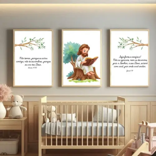 Kit Quadros Jesus Infantil Decoração Quarto Bebê com Vidro