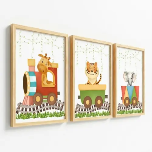 Kit Quadros Infantis Safari Aquarela com Vidro e Moldura