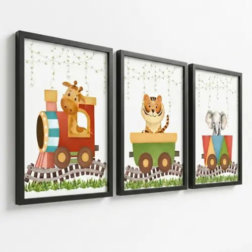 Kit Quadros Infantis Safari Aquarela com Vidro e Moldura