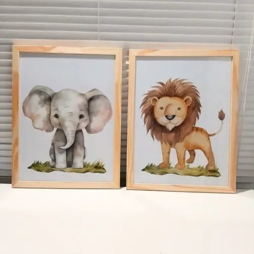 Kit Quadros Leão e Elefante Aquarela Moldura com Vidro 33x43