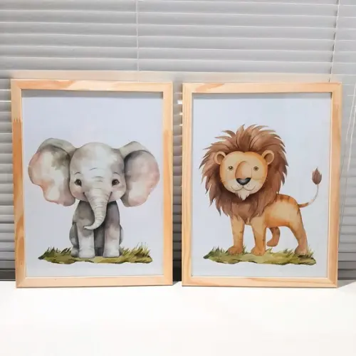 Kit Quadros Leão e Elefante Aquarela Moldura com Vidro 33x43