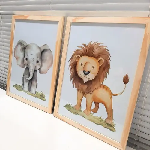 Kit Quadros Leão e Elefante Aquarela Moldura com Vidro 33x43