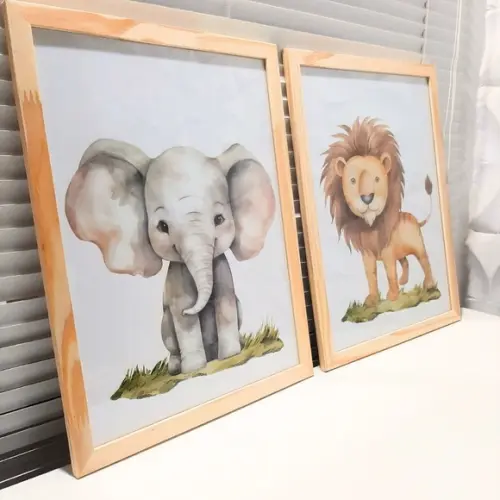 Kit Quadros Leão e Elefante Aquarela Moldura com Vidro 33x43