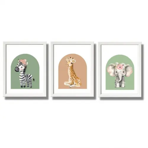 Kit Quadros para Quarto de Menina Safari com Flor 23x33 cm