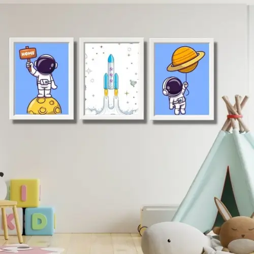 Kit Quadros para Quarto de Menino Astronauta Espaço 33x43cm