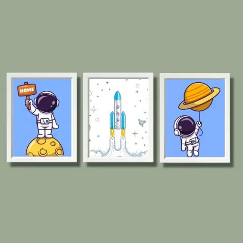 Kit Quadros para Quarto de Menino Astronauta Espaço 33x43cm