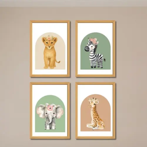 Kit Quadros para Quarto Feminino Infantil Safari com Vidro