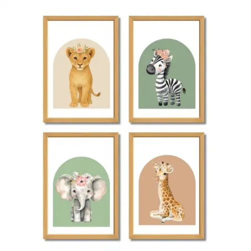Kit Quadros para Quarto Feminino Infantil Safari com Vidro