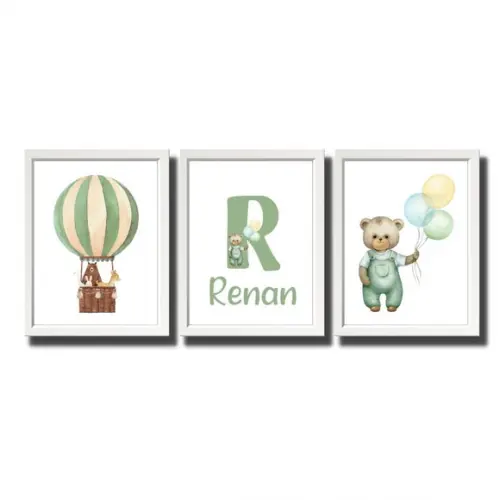 Kit Quadros Quarto de Bebê Tema Urso Verde com Nome