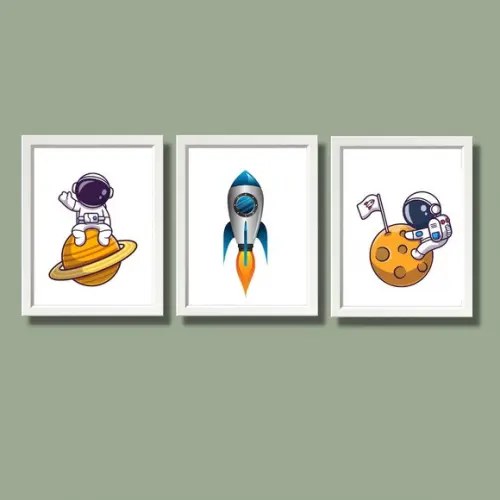 Kit Quadros Quarto de Menino Astronauta Espaço 33x43cm