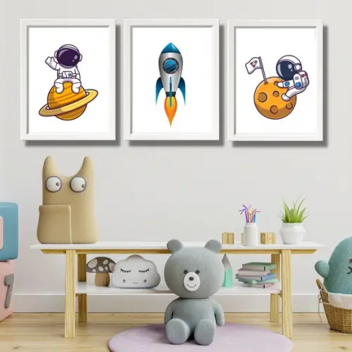 Kit Quadros Quarto de Menino Astronauta Espaço 33x43cm
