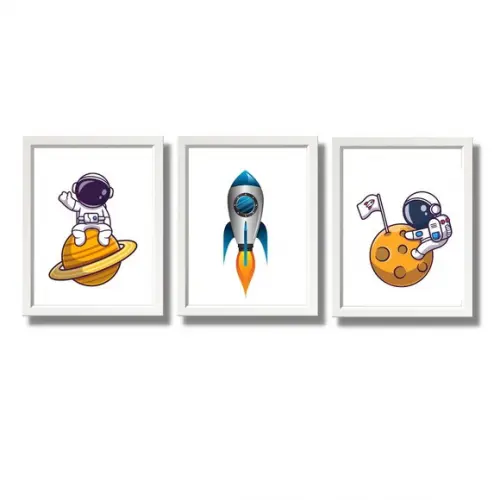 Kit Quadros Quarto de Menino Astronauta Espaço 33x43cm
