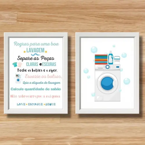 Kit Quadros Regras da Lavanderia c/ Moldura e Vidro 30x40cm