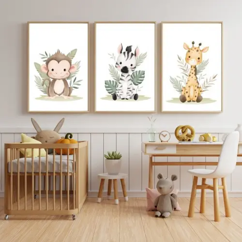 Kit Quadros Safari Infantil Zebra Macaco Girafa Aquarela