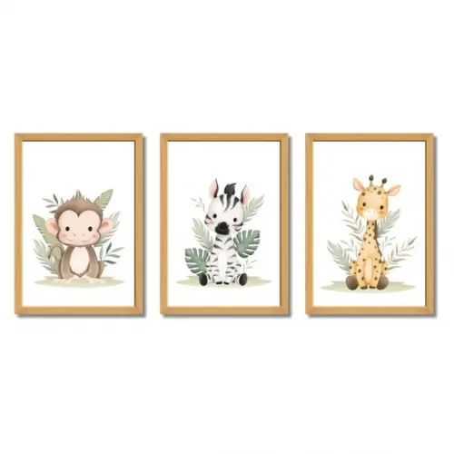 Kit Quadros Safari Infantil Zebra Macaco Girafa Aquarela