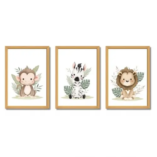 Kit Quadros Safari Infantil Zebra Macaco Leão Aquarela